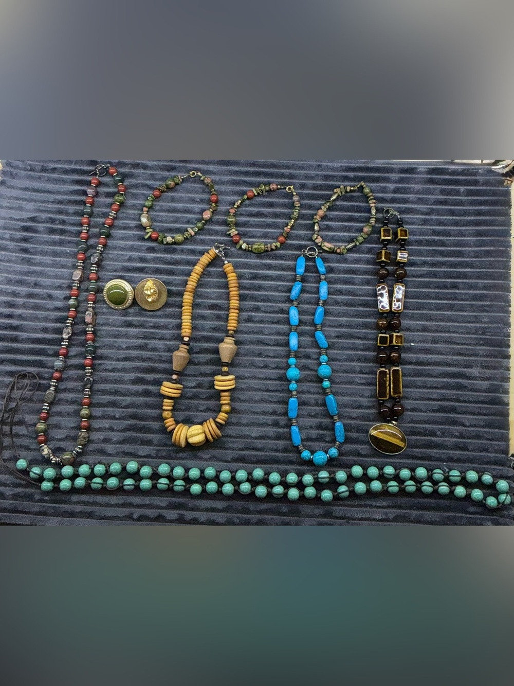 Boho Ethnic Jewelry Lot Multi Strand Turquoise Stone Clay Wood Bead Necklace Set - Picture 2 of 13